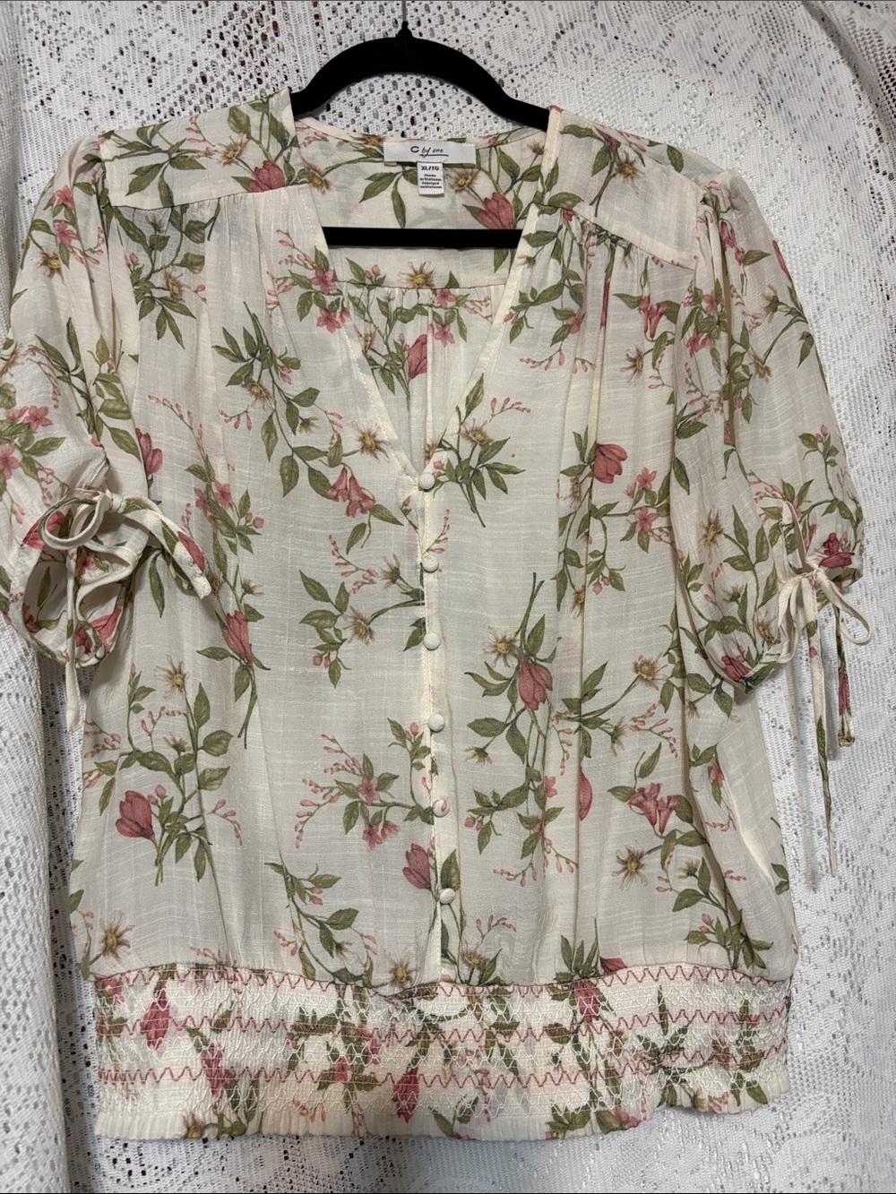 C by One Cream Blouse with Pink & Green Floral Print